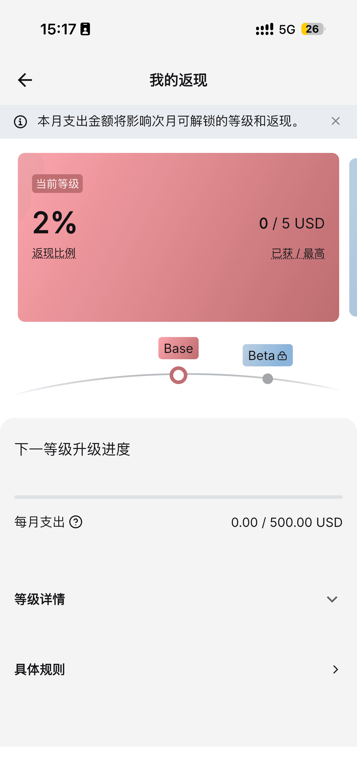 Bybit Card 返现等级页面