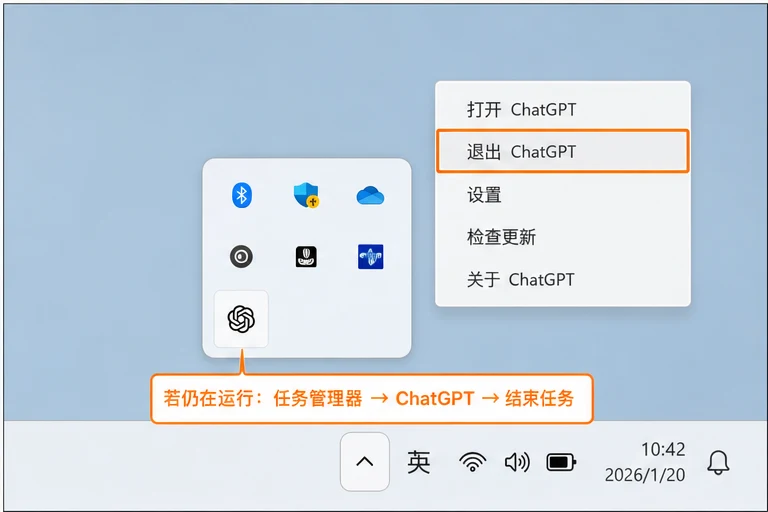 Windows 系统托盘完整退出 ChatGPT